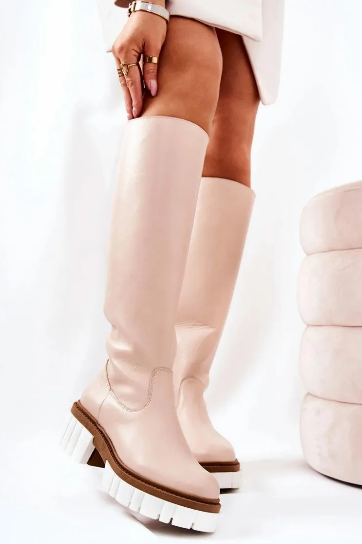 Best Boto Skórzane Kozaki Na Suwak Beżowe Nellis