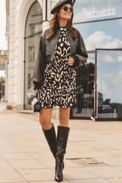 Damskie Boto Skórzane Kozaki Na Szpilce Przed Kolano Czarne Serpens