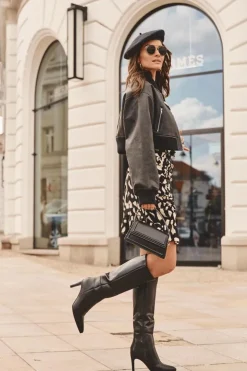 Damskie Boto Skórzane Kozaki Na Szpilce Przed Kolano Czarne Serpens