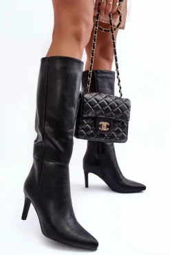 Damskie Boto Skórzane Kozaki Na Szpilce Przed Kolano Czarne Serpens