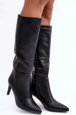 Damskie Boto Skórzane Kozaki Na Szpilce Przed Kolano Czarne Serpens