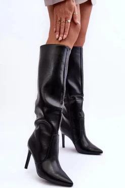 Damskie Boto Skórzane Kozaki Na Szpilce Czarne Melisandra