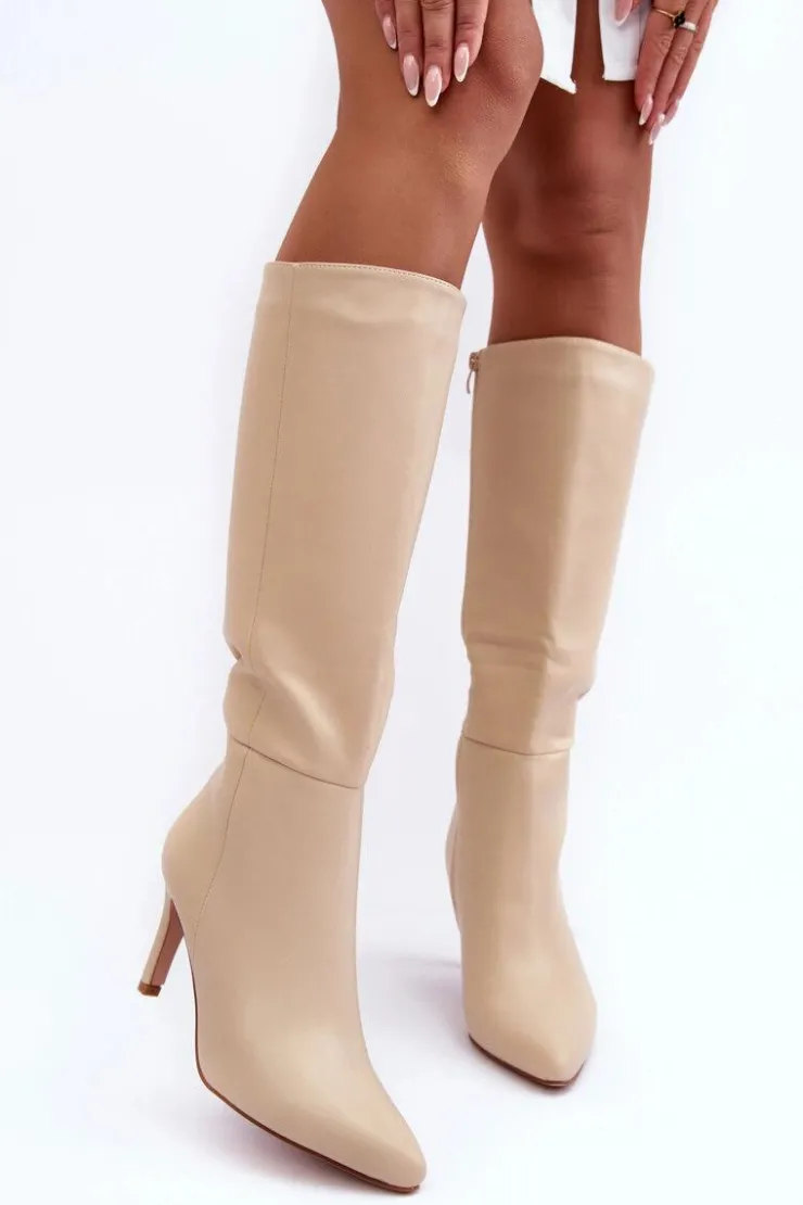 Boto Kozaki Wiosenne|Kozaki Przed Kolano*Skórzane Kozaki Na Szpilce Przed Kolano Beżowe Serpens