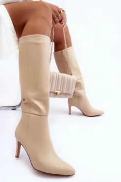 Boto Kozaki Wiosenne|Kozaki Przed Kolano*Skórzane Kozaki Na Szpilce Przed Kolano Beżowe Serpens