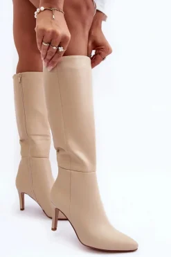 Boto Kozaki Wiosenne|Kozaki Przed Kolano*Skórzane Kozaki Na Szpilce Przed Kolano Beżowe Serpens