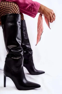 Hot Boto Skórzane Kozaki Na Szpilce Czarne Rissa