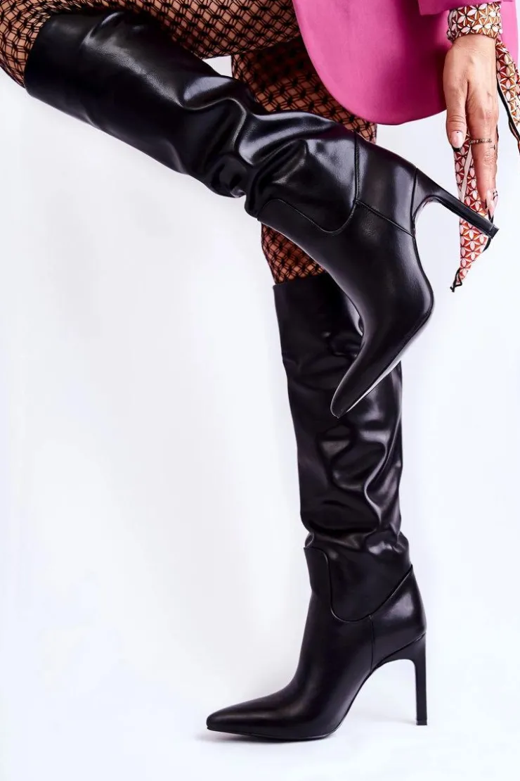 Hot Boto Skórzane Kozaki Na Szpilce Czarne Rissa