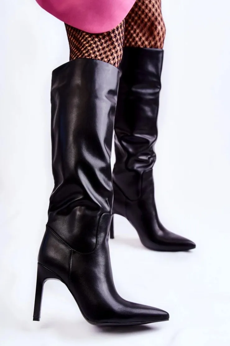 Hot Boto Skórzane Kozaki Na Szpilce Czarne Rissa