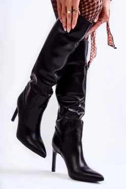 Hot Boto Skórzane Kozaki Na Szpilce Czarne Rissa