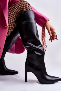 Hot Boto Skórzane Kozaki Na Szpilce Czarne Rissa