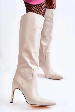 Damskie Boto Skórzane Kozaki Na Szpilce Beżowe Rissa