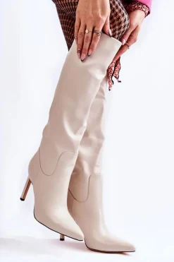 Damskie Boto Skórzane Kozaki Na Szpilce Beżowe Rissa