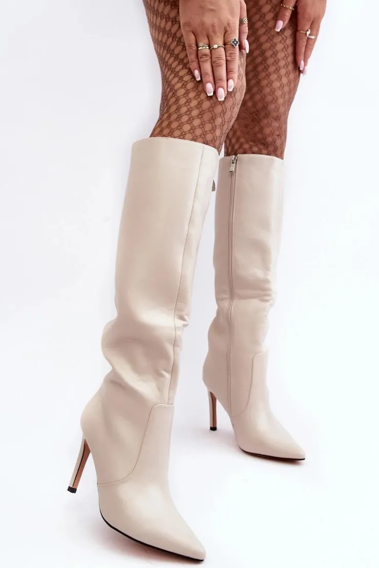 Hot Boto Skórzane Kozaki Na Szpilce Beżowe Melisandra