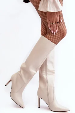 Hot Boto Skórzane Kozaki Na Szpilce Beżowe Melisandra