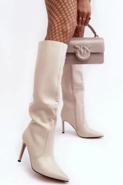 Hot Boto Skórzane Kozaki Na Szpilce Beżowe Melisandra