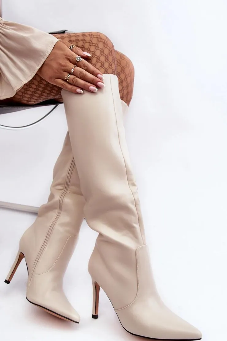 Hot Boto Skórzane Kozaki Na Szpilce Beżowe Melisandra