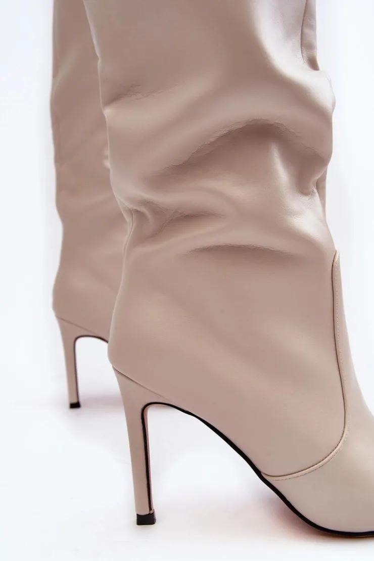 Hot Boto Skórzane Kozaki Na Szpilce Beżowe Melisandra
