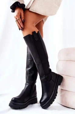 Clearance Evento Skórzane Kozaki Ocieplane Czarne Panaris