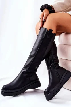 Clearance Evento Skórzane Kozaki Ocieplane Czarne Panaris