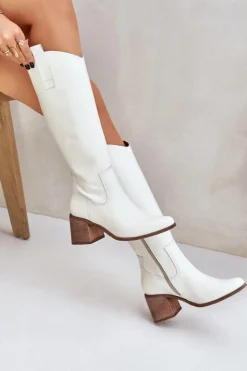Damskie Boto Skórzane Kozaki Przed Kolano Na Słupku Zazoo 3675 Białe