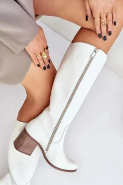 Damskie Boto Skórzane Kozaki Przed Kolano Na Słupku Zazoo 3675 Białe