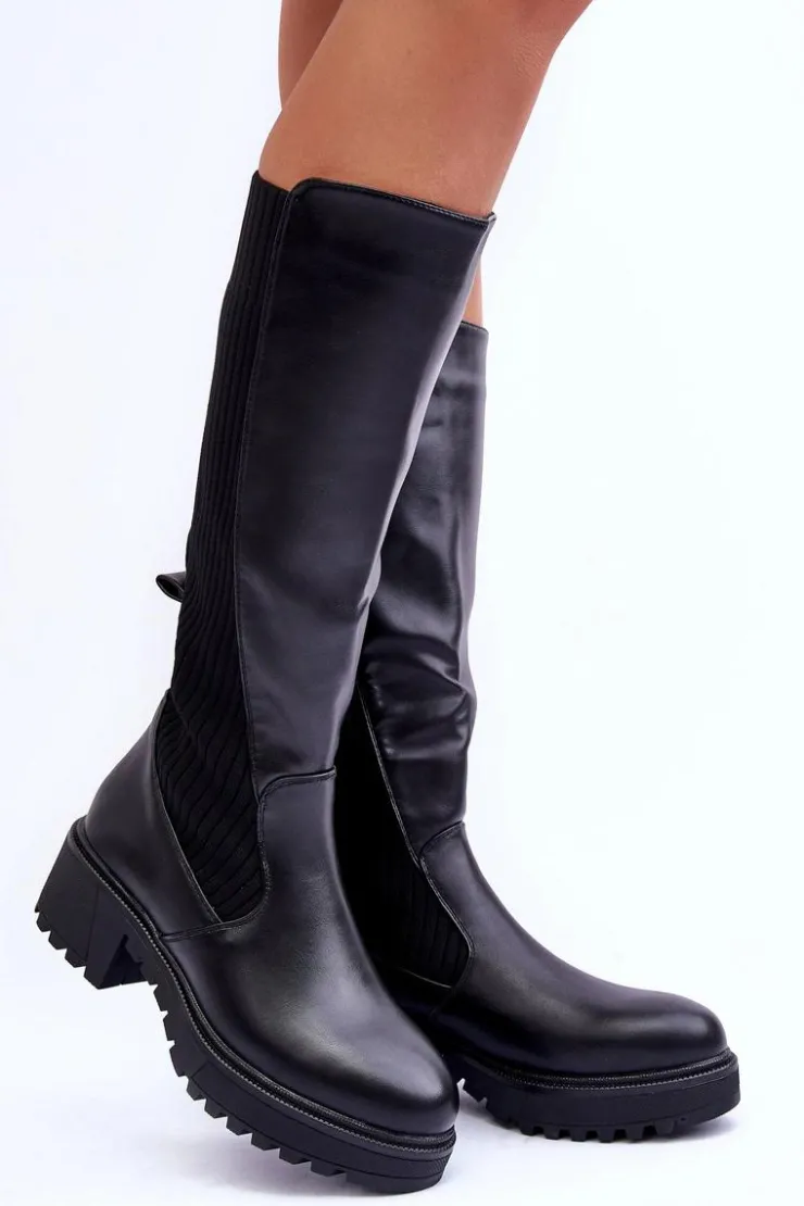 Damskie Boto Skórzane Kozaki Przed Kolano Czarne Fenwella