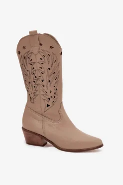Boto Skórzane Kozaki Z Ażurową Cholewką Zazoo 3714 Ciemnobeżowe Beżowy
