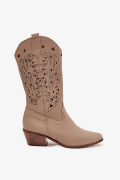 Boto Skórzane Kozaki Z Ażurową Cholewką Zazoo 3714 Ciemnobeżowe Beżowy