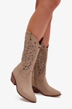 Boto Skórzane Kozaki Z Ażurową Cholewką Zazoo 3714 Ciemnobeżowe Beżowy