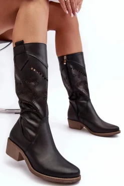 Boto Kozaki Na Słupku|Kozaki Wiosenne*Skórzane Kozaki Z Ażurowym Wzorem Czarne Sierra Czarny