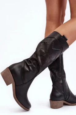 Boto Kozaki Na Słupku|Kozaki Wiosenne*Skórzane Kozaki Z Ażurowym Wzorem Czarne Sierra Czarny