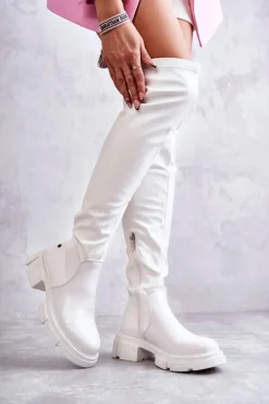 Damskie GOE Skórzane Kozaki Za Kolano Na Płaskim Obcasie KK2N4022 Białe