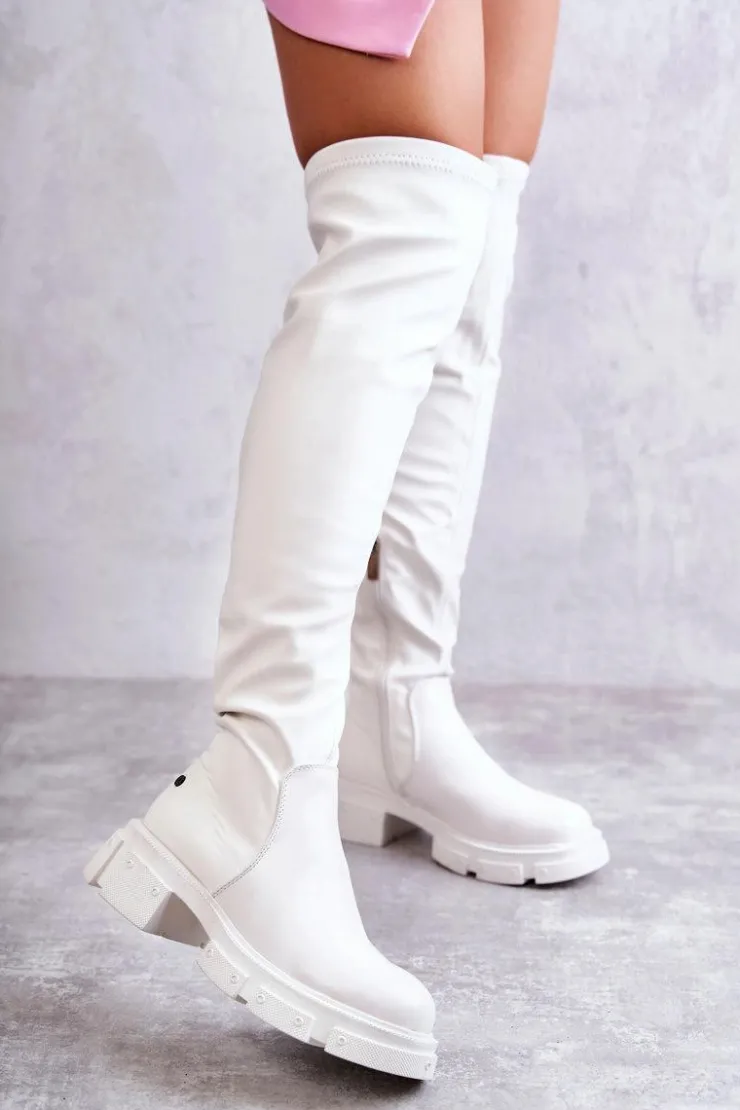 Damskie GOE Skórzane Kozaki Za Kolano Na Płaskim Obcasie KK2N4022 Białe