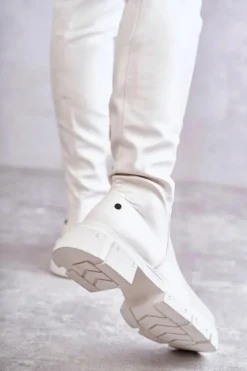 Damskie GOE Skórzane Kozaki Za Kolano Na Płaskim Obcasie KK2N4022 Białe