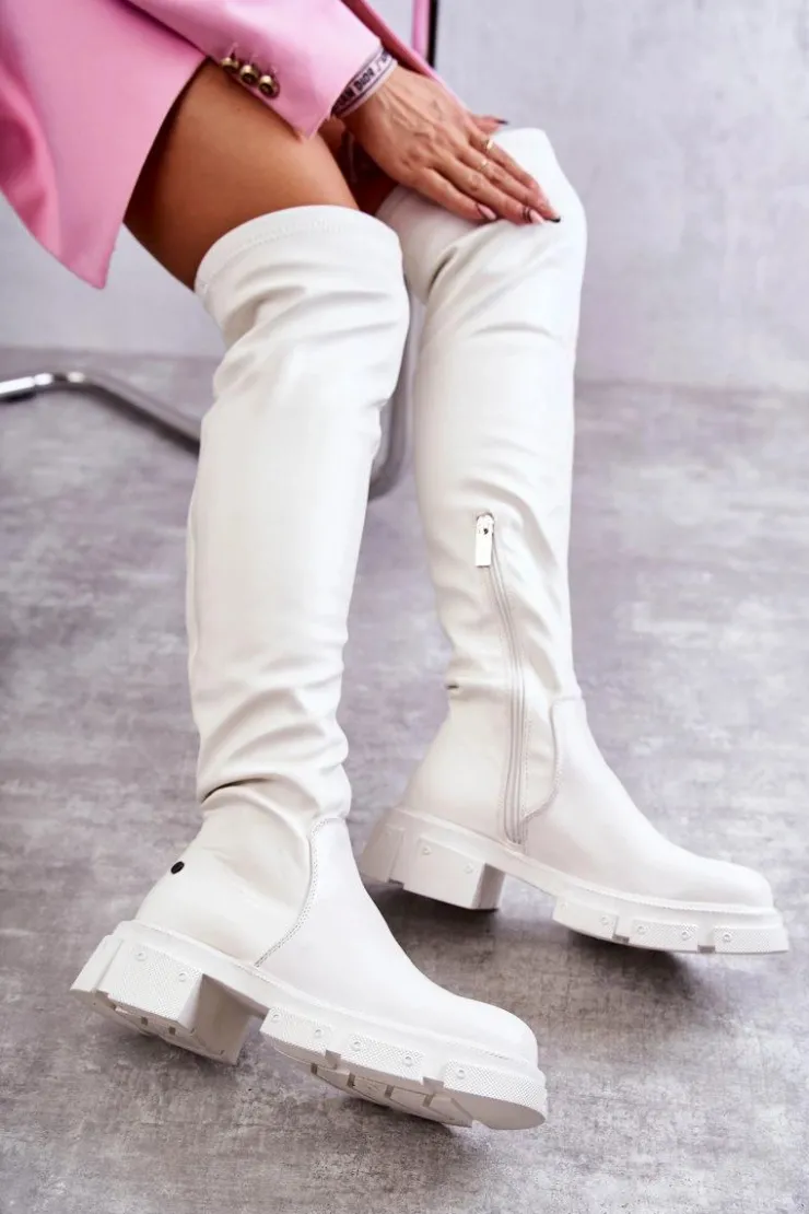 Damskie GOE Skórzane Kozaki Za Kolano Na Płaskim Obcasie KK2N4022 Białe