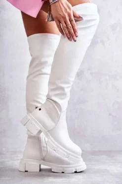 Damskie GOE Skórzane Kozaki Za Kolano Na Płaskim Obcasie KK2N4022 Białe