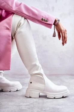 Damskie GOE Skórzane Kozaki Za Kolano Na Płaskim Obcasie KK2N4022 Białe