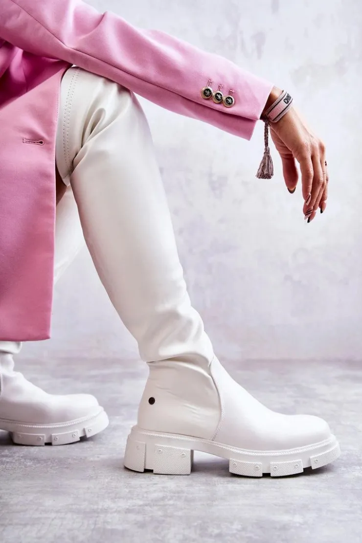 Damskie GOE Skórzane Kozaki Za Kolano Na Płaskim Obcasie KK2N4022 Białe