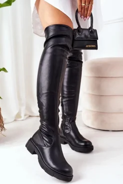 Damskie Boto Skórzane Kozaki Za Kolano Czarne Selina