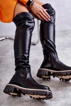 GOE Kozaki Za Kolano|Kozaki Płaskie*Skórzane Kozaki Za Kolano KK2N4024 Czarne