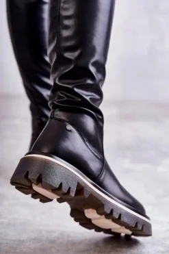 GOE Kozaki Za Kolano|Kozaki Płaskie*Skórzane Kozaki Za Kolano KK2N4024 Czarne