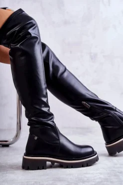 GOE Kozaki Za Kolano|Kozaki Płaskie*Skórzane Kozaki Za Kolano KK2N4024 Czarne