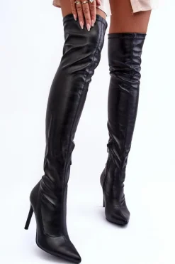 Damskie Boto Skórzane Kozaki Za Kolano Na Szpilce Czarne Zolno