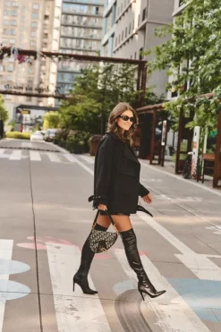 Damskie Boto Skórzane Kozaki Za Kolano Na Szpilce Czarne Zolno