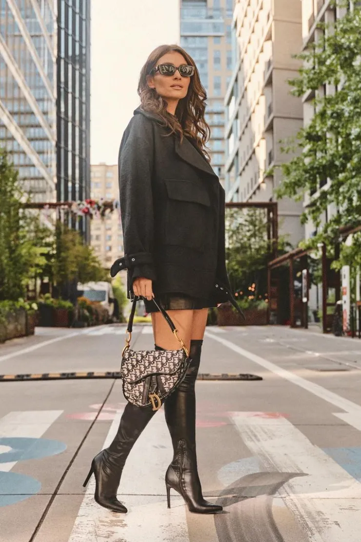 Damskie Boto Skórzane Kozaki Za Kolano Na Szpilce Czarne Zolno