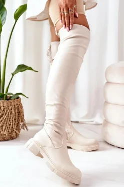 Boto Kozaki Wiosenne|Kozaki Płaskie*Skórzane Kozaki Za Kolano Beżowe Selina
