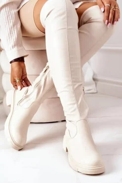 Boto Kozaki Wiosenne|Kozaki Płaskie*Skórzane Kozaki Za Kolano Beżowe Selina