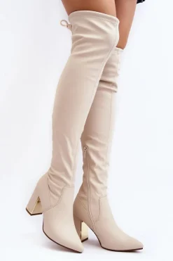 Damskie Boto Skórzane Kozaki Za Kolano Na Słupku Jasnobeżowe Amalitas