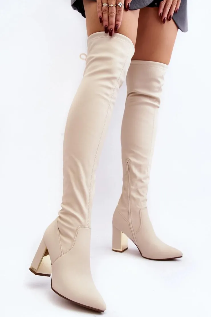 Damskie Boto Skórzane Kozaki Za Kolano Na Słupku Jasnobeżowe Amalitas