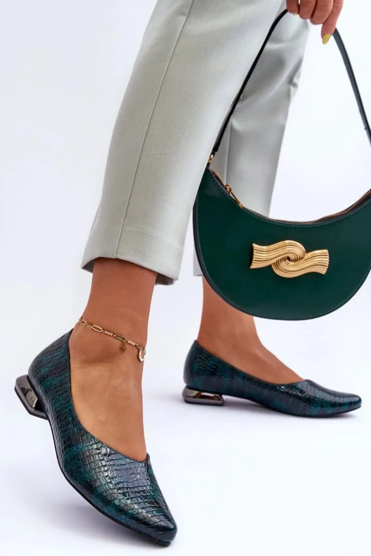 Boto Baleriny Klasyczne*Skórzane Lakierowane Baleriny Na Płaskim Obcasie Ciemnozielone Vaani